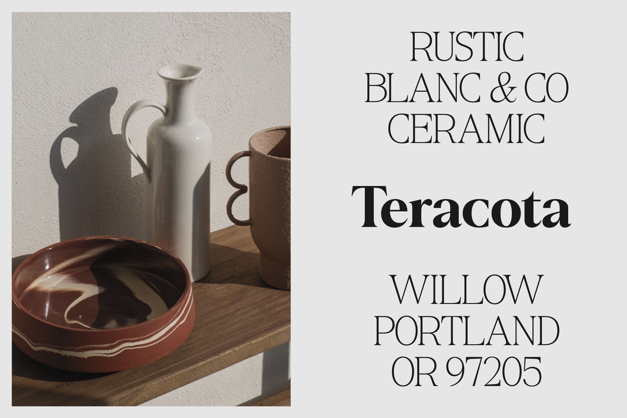 Minimalist ceramic vases with terracotta bowl casting shadows on wooden tray