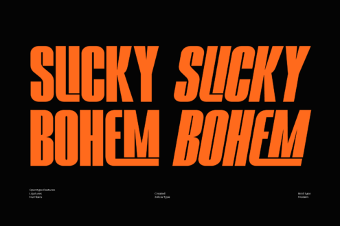 Bold orange italic typeface displaying "Slicky Slicky Bohem Bohem" on black background