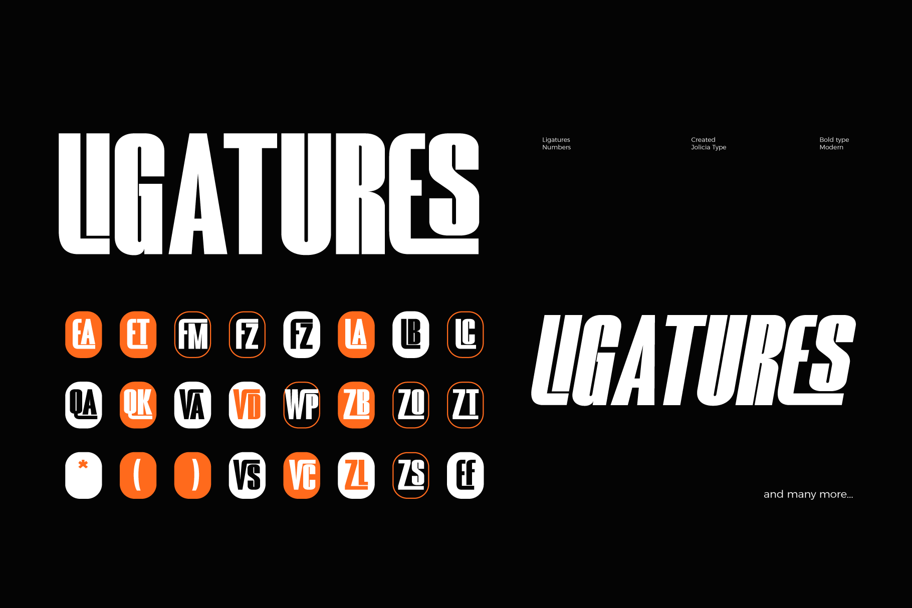 Ligatures Numbers font showing stylized two-letter combinations in orange, white, plus italic display version