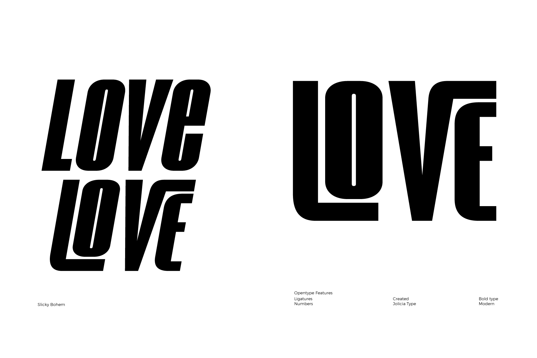 Bold italic typeface displaying "LOVE" in two layouts with font details below