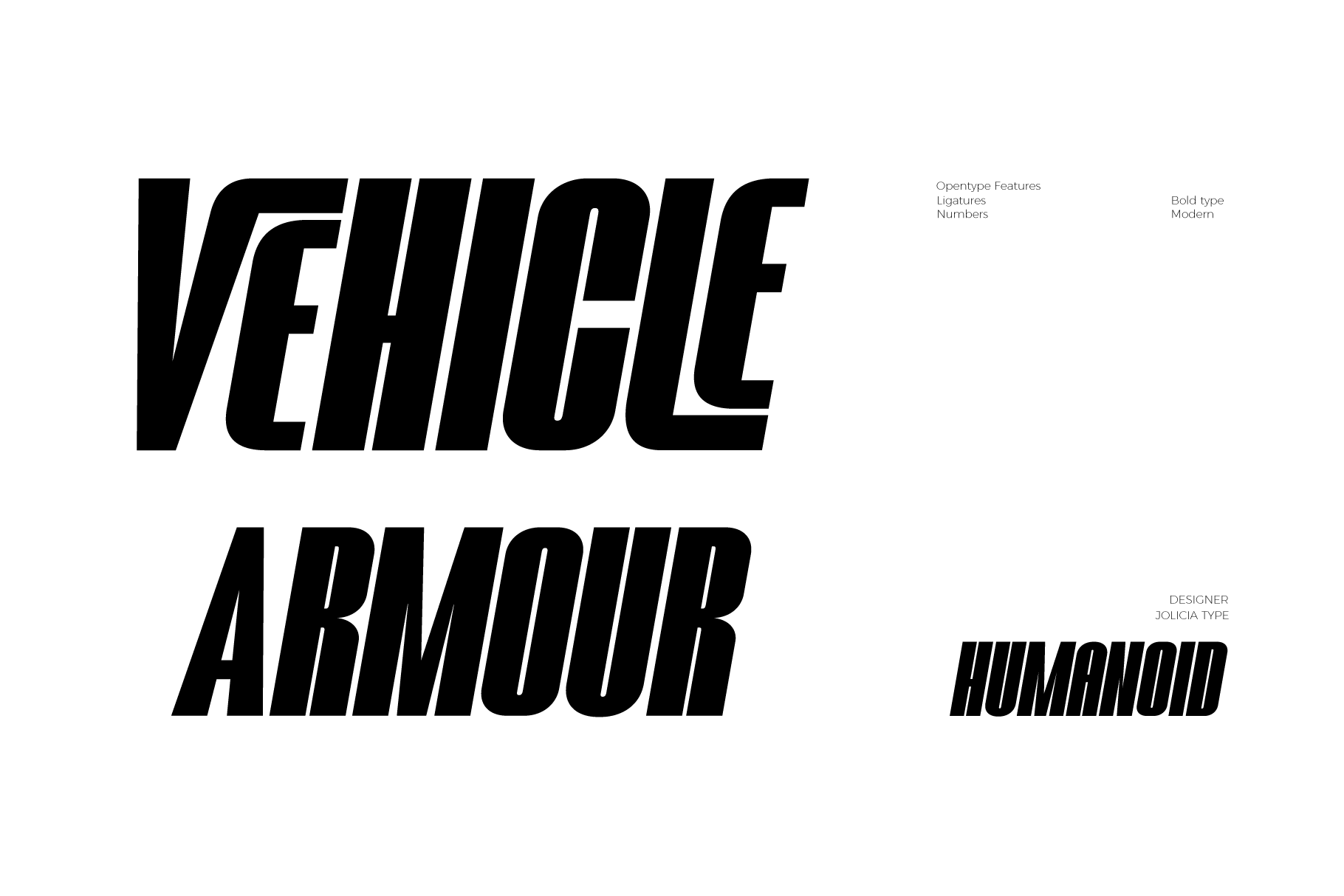 Vehicle Armour bold typeface sample with ligatures, numbers, modern italic styling