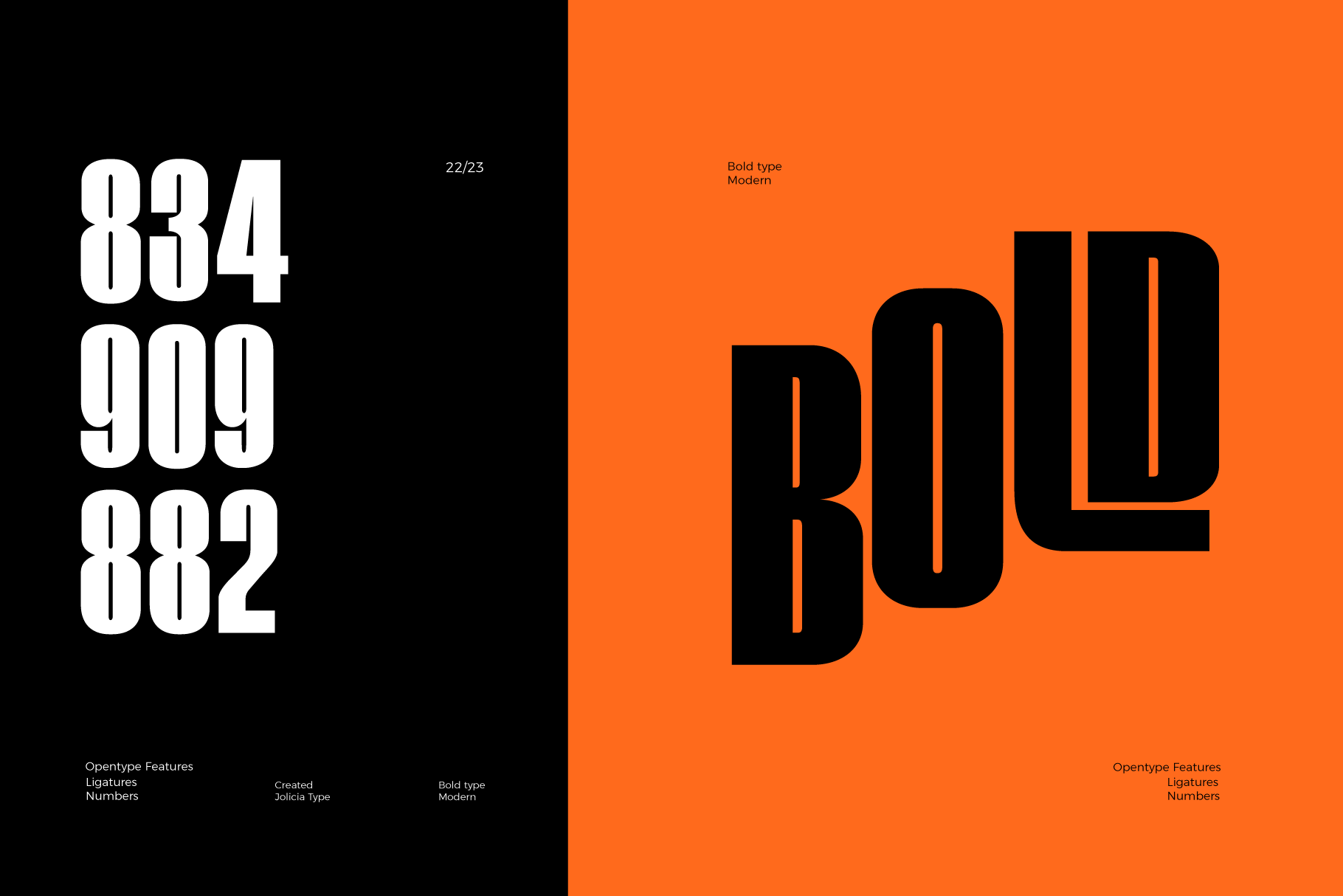 Bold modern typeface with chunky numbers on black, vibrant orange background showing font weights