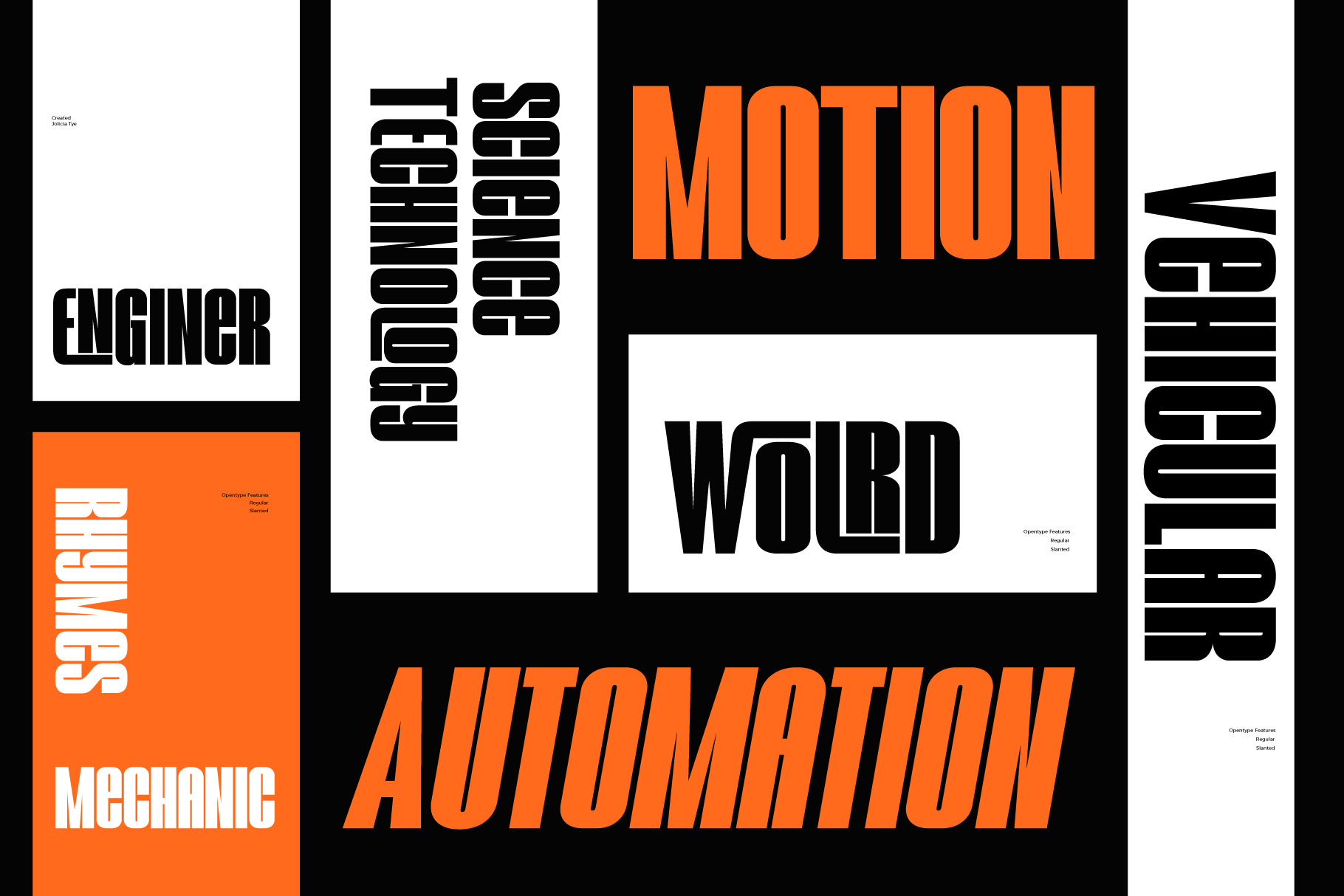 Bold typeface mockup showing geometric sans serif in orange, black, white across multiple layouts with engineering themes