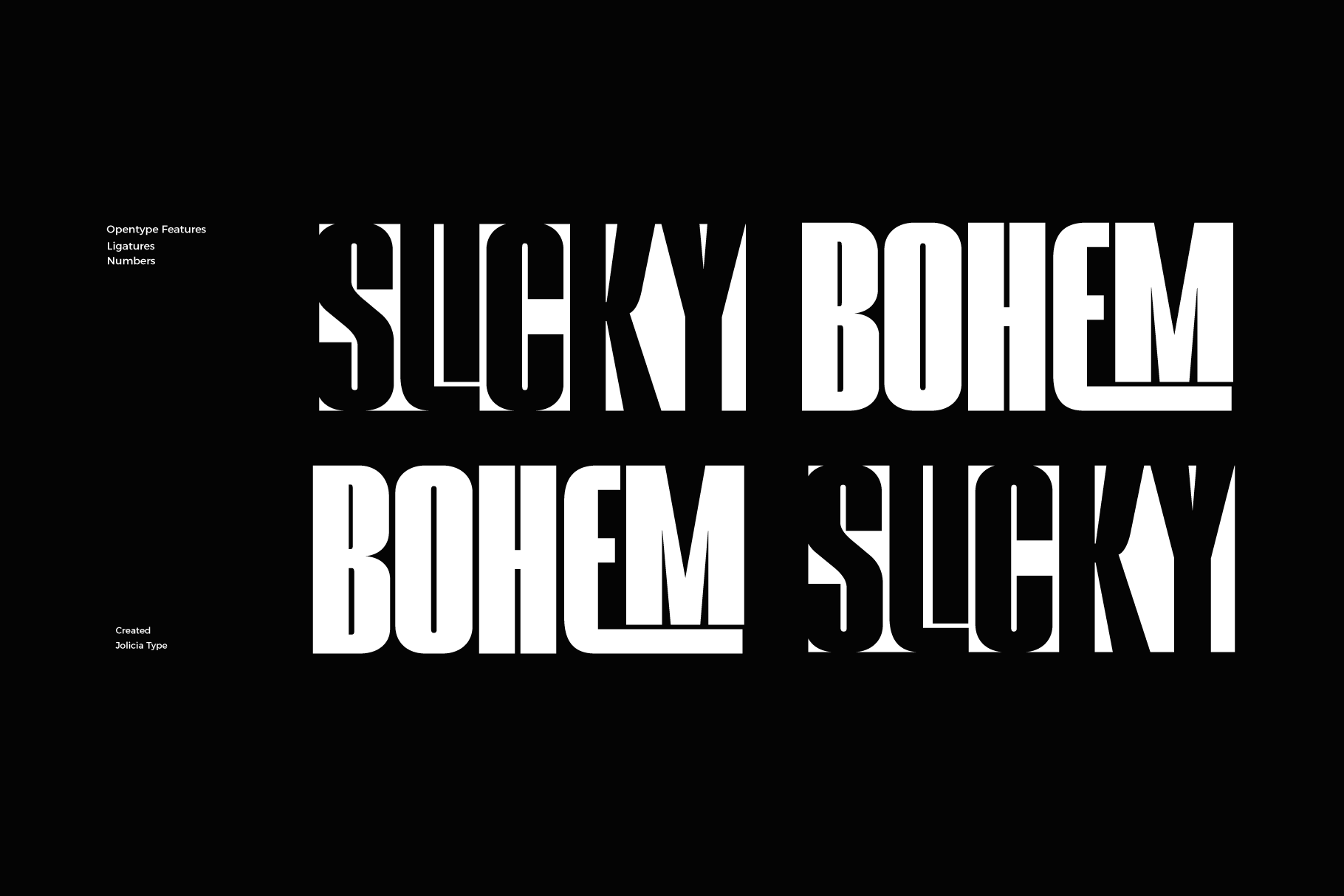 Bold geometric sans serif font with cutout details on black background