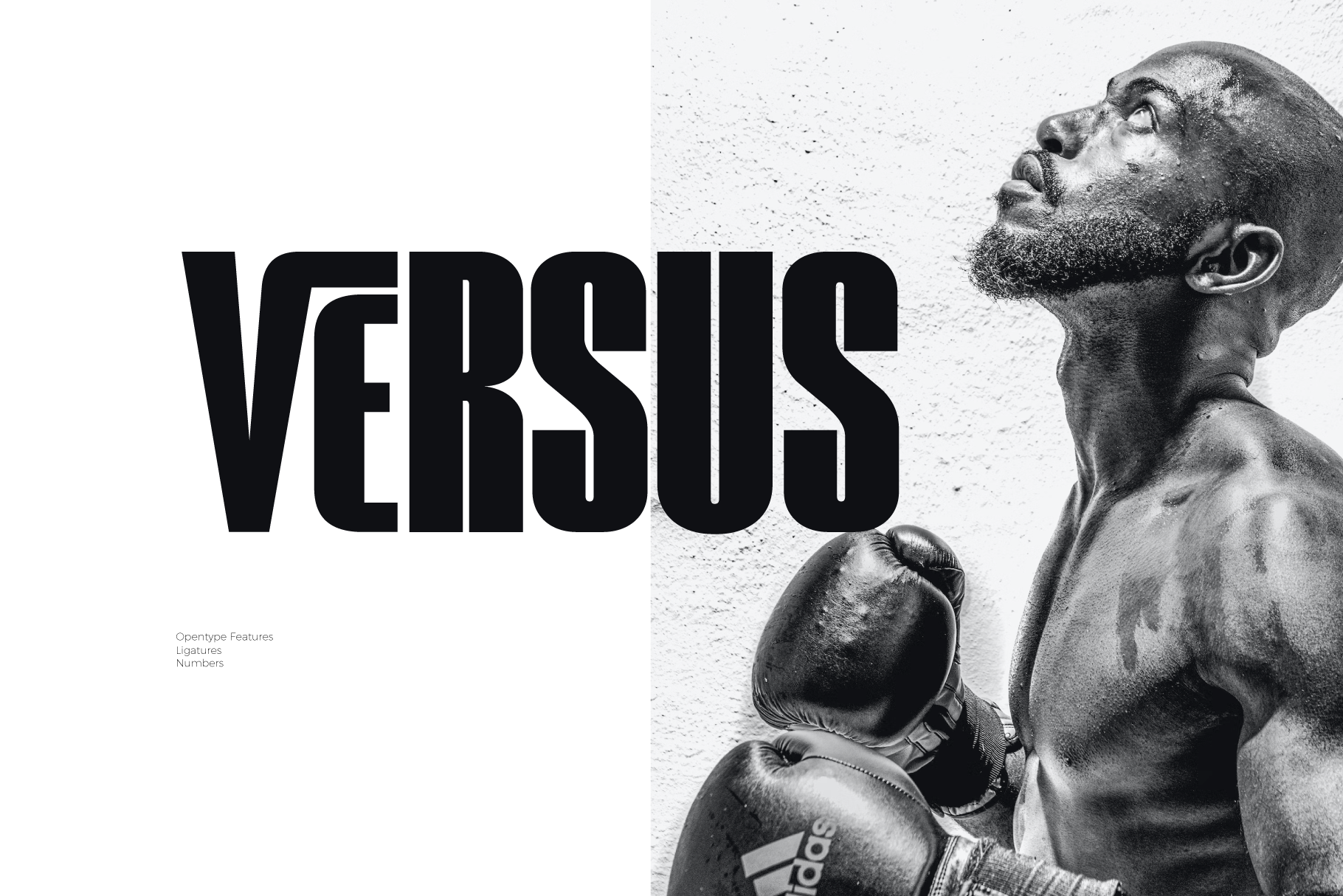 Versus typeface displayed with boxer in black leather gloves, bold athletic typography