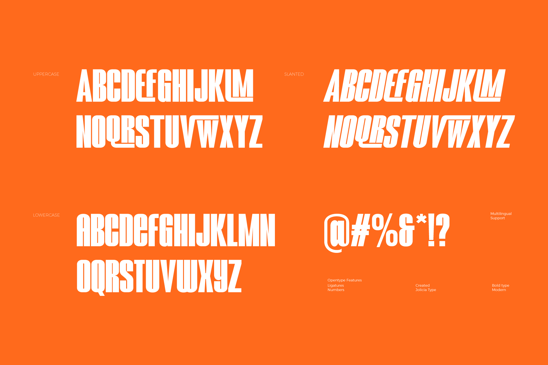Bold sans serif typeface showing uppercase, slanted, lowercase styles with special characters on bright orange background