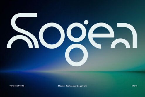 Modern tech logo font with geometric letterforms on blue-to-teal gradient background