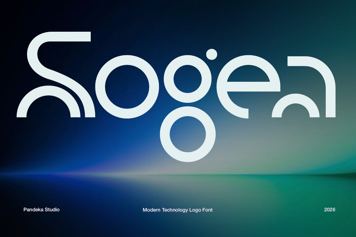 Modern tech logo font with geometric letterforms on blue-to-teal gradient background