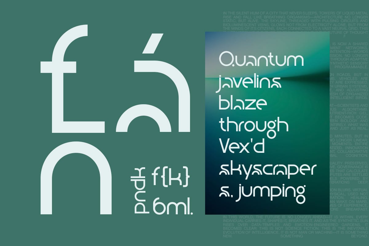 Futuristic font mockup with large geometric letterforms on teal background plus product label