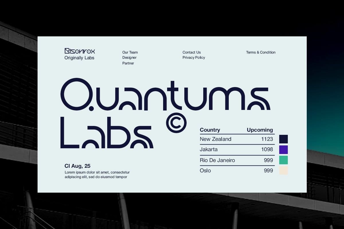 Website mockup showing Quantums Labs homepage with bold navy typography, navigation menu, event date, description text, location table with color indicators