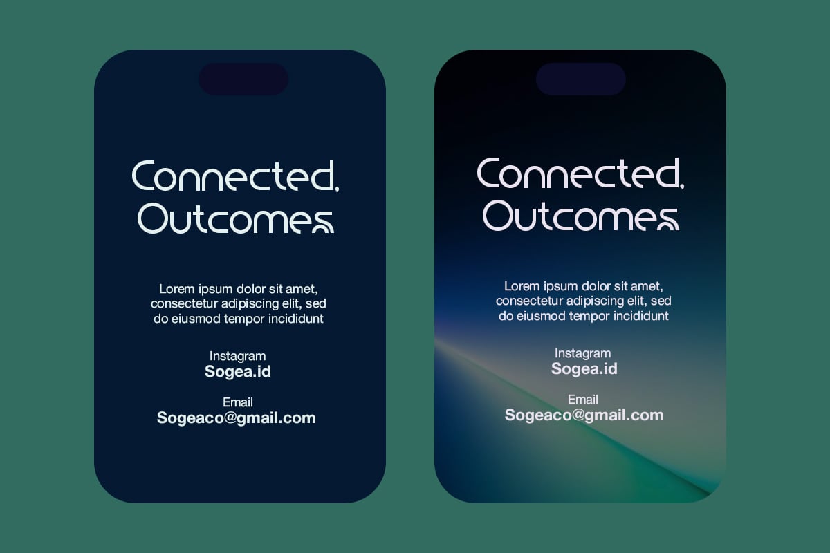 Mobile phone mockup showing dark blue layout with white typography, contact info, plus gradient variant