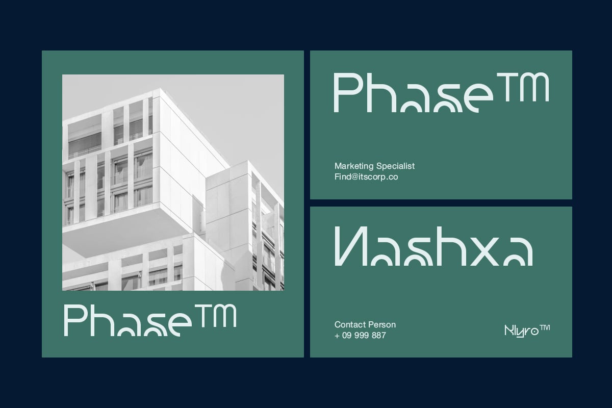 Business card mockup with modern teal design, architecture photo, contact info layout
