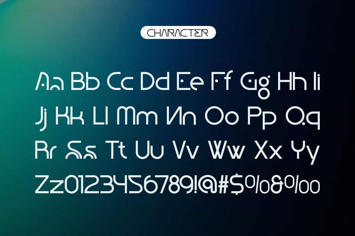 Character font with full alphabet, numbers, symbols on teal to black gradient background