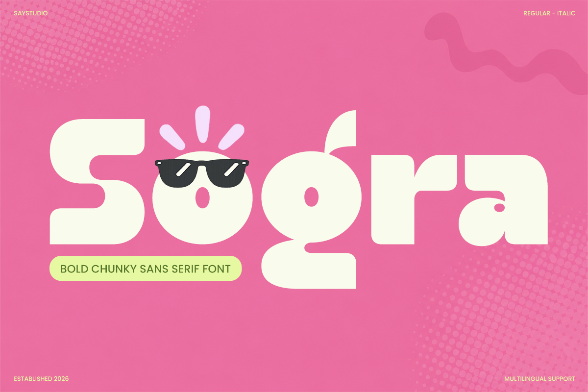 Soofa font display with chunky rounded letters, sunglasses on O, bright pink background