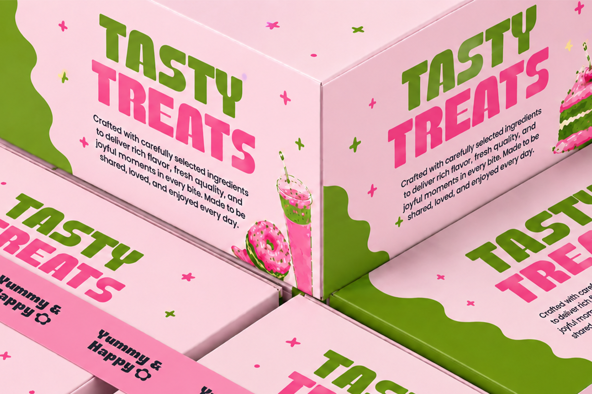 Bright pink box mockup with lime green wavy edges, bold typography, donuts, sparkles, plus signs scattered around