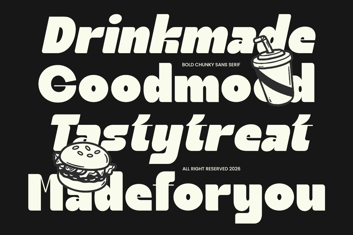 Bold chunky sans serif font with drink plus burger illustrations on dark background
