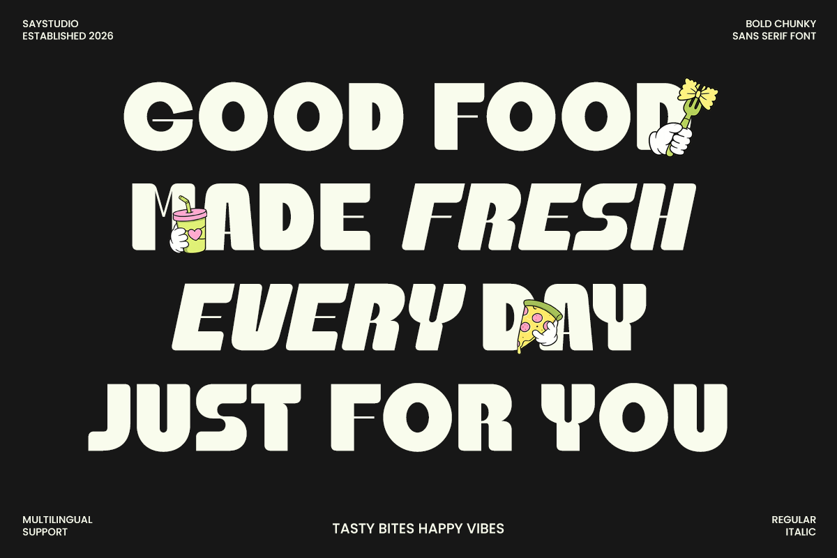 Bold chunky sans serif font with playful food illustrations on black background
