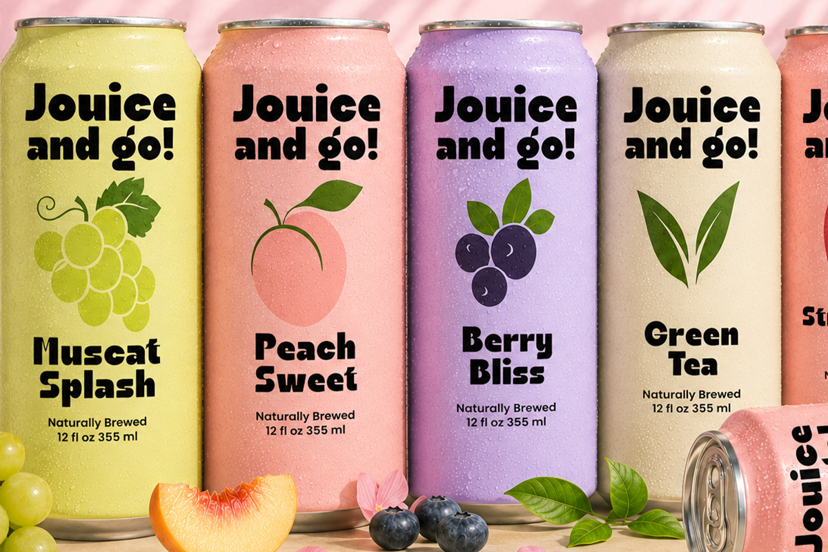 Colorful beverage can mockup set with four flavors: muscat, peach, berry, tea in pastel colors