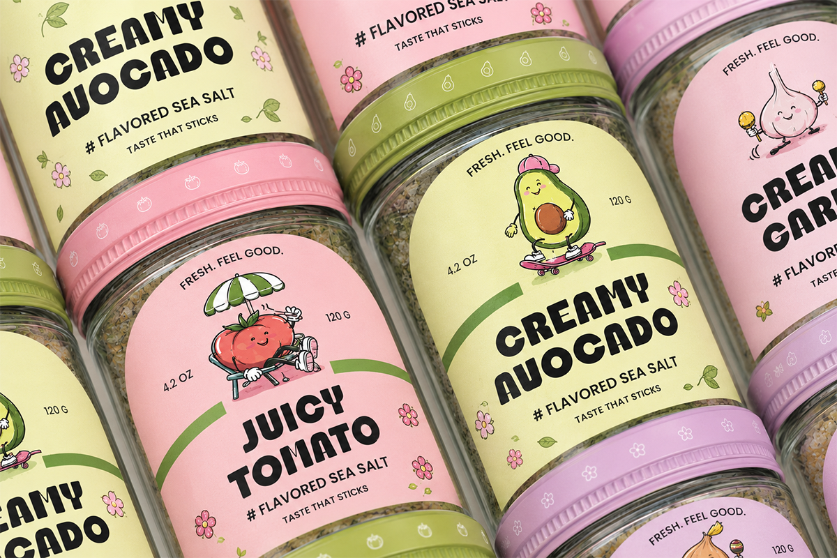 Colorful seasoning jar mockup with creamy avocado, juicy tomato labels featuring cute character illustrations on pastel backgrounds