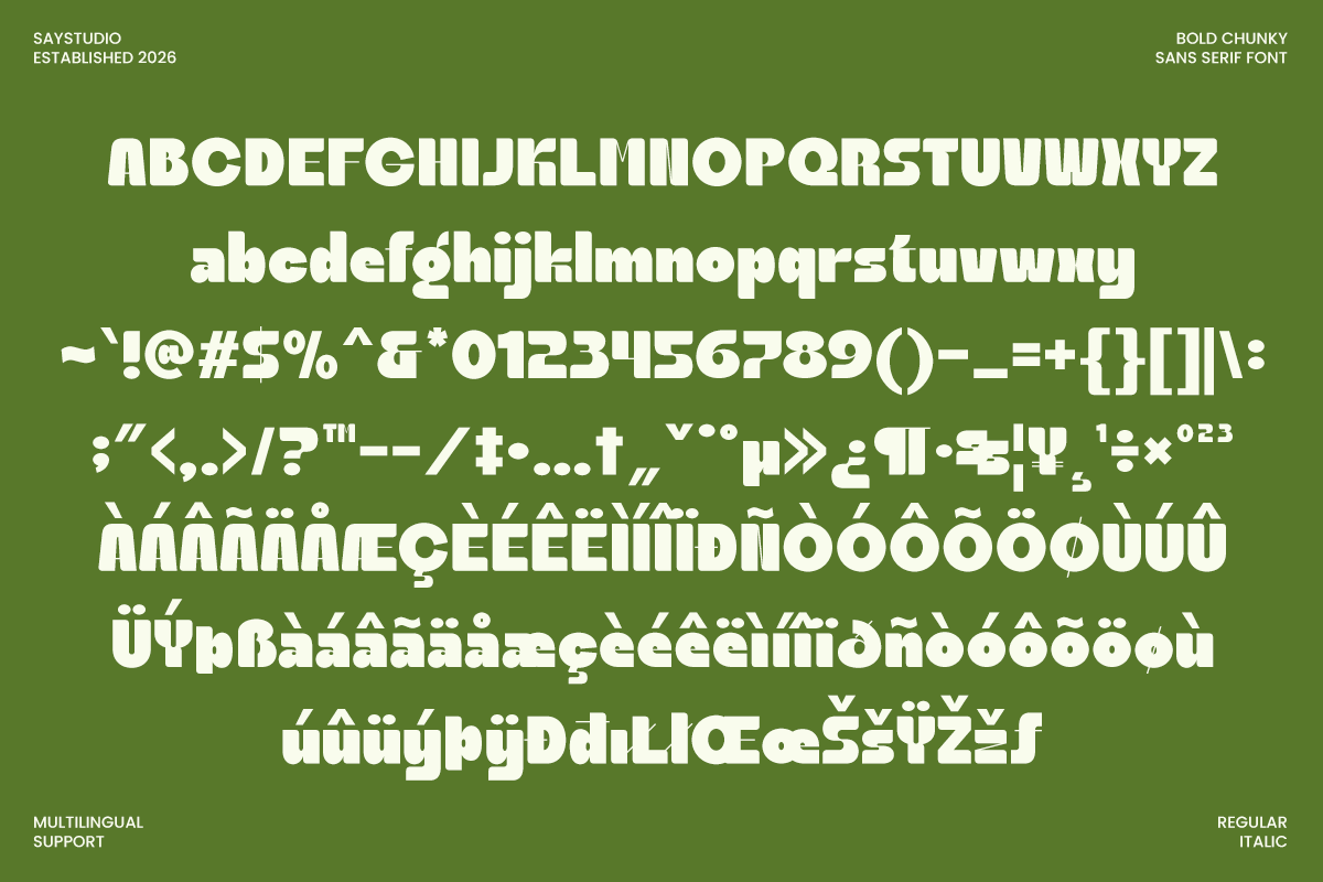 Bold chunky sans serif font with multilingual character support on green background