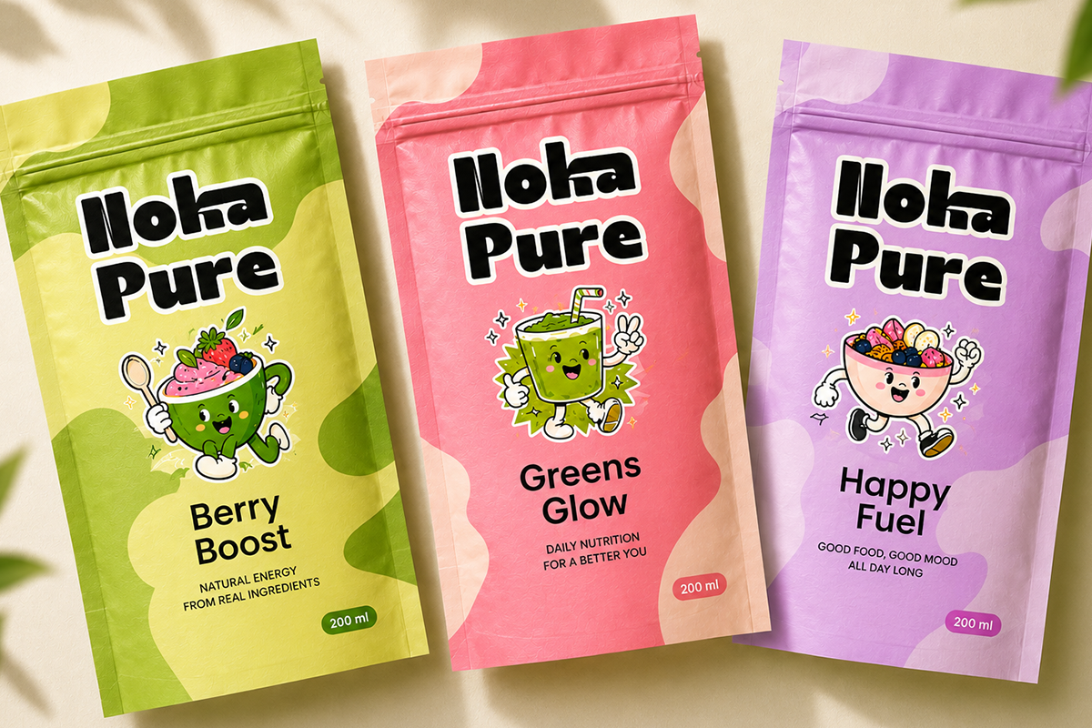 Three colorful pouch mockups for Aloha Pure beverage brand with playful character illustrations