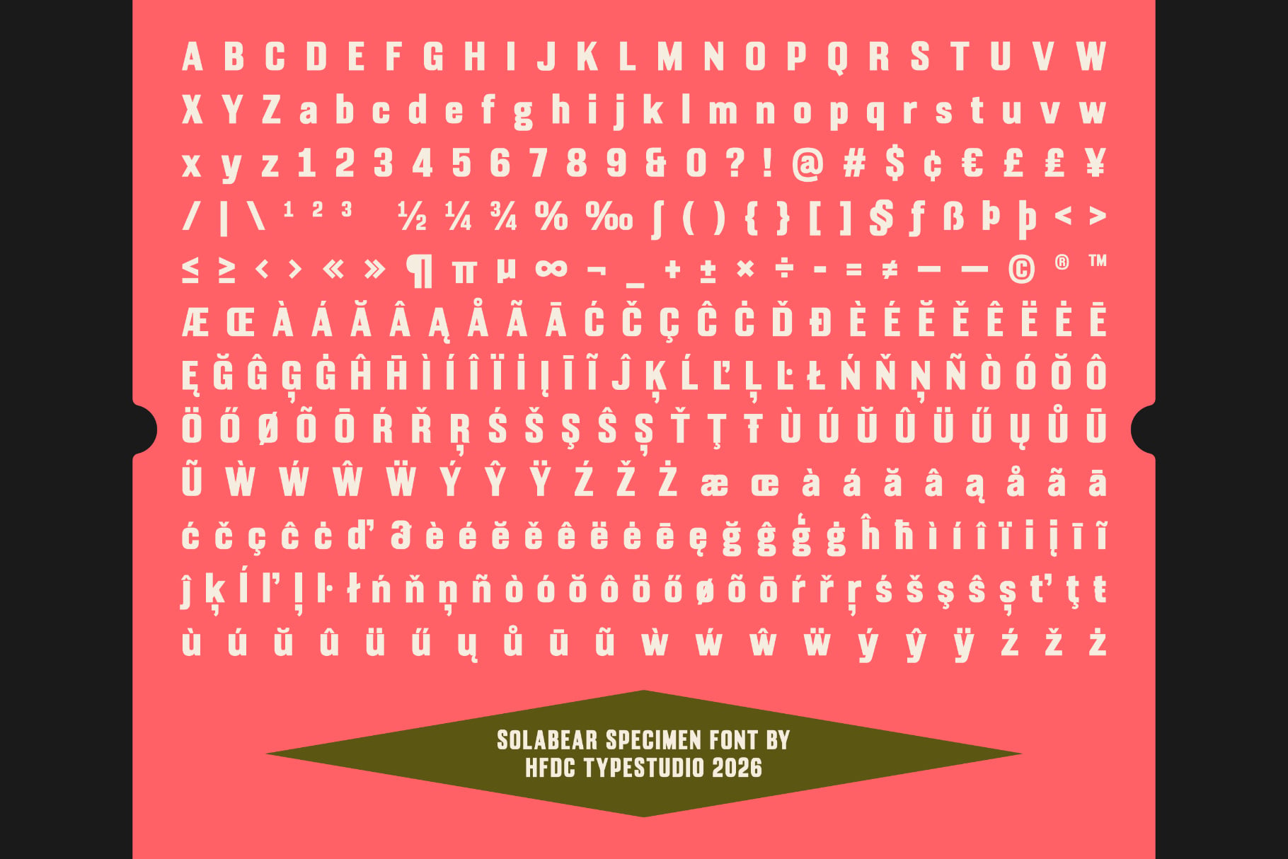 Solabear Specimen font showing full character set with accents on coral pink background