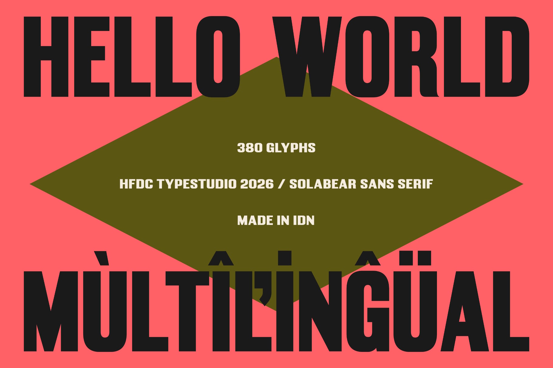 Bold sans serif font with 380 glyphs by HFDC TypeStudio, multilingual support, coral pink background with olive diamond shape