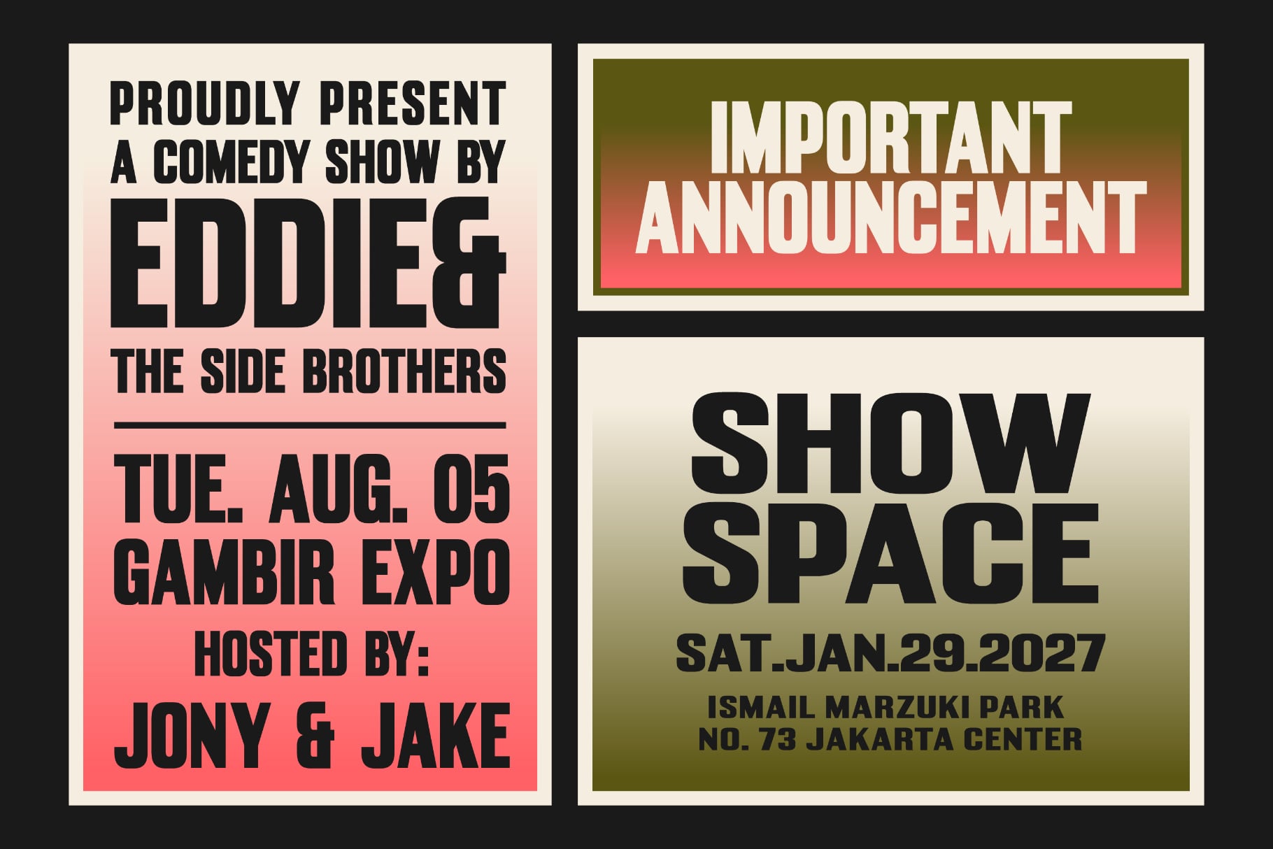 Retro event posters with bold typography, one coral pink announcing a comedy show, one olive gradient for venue details