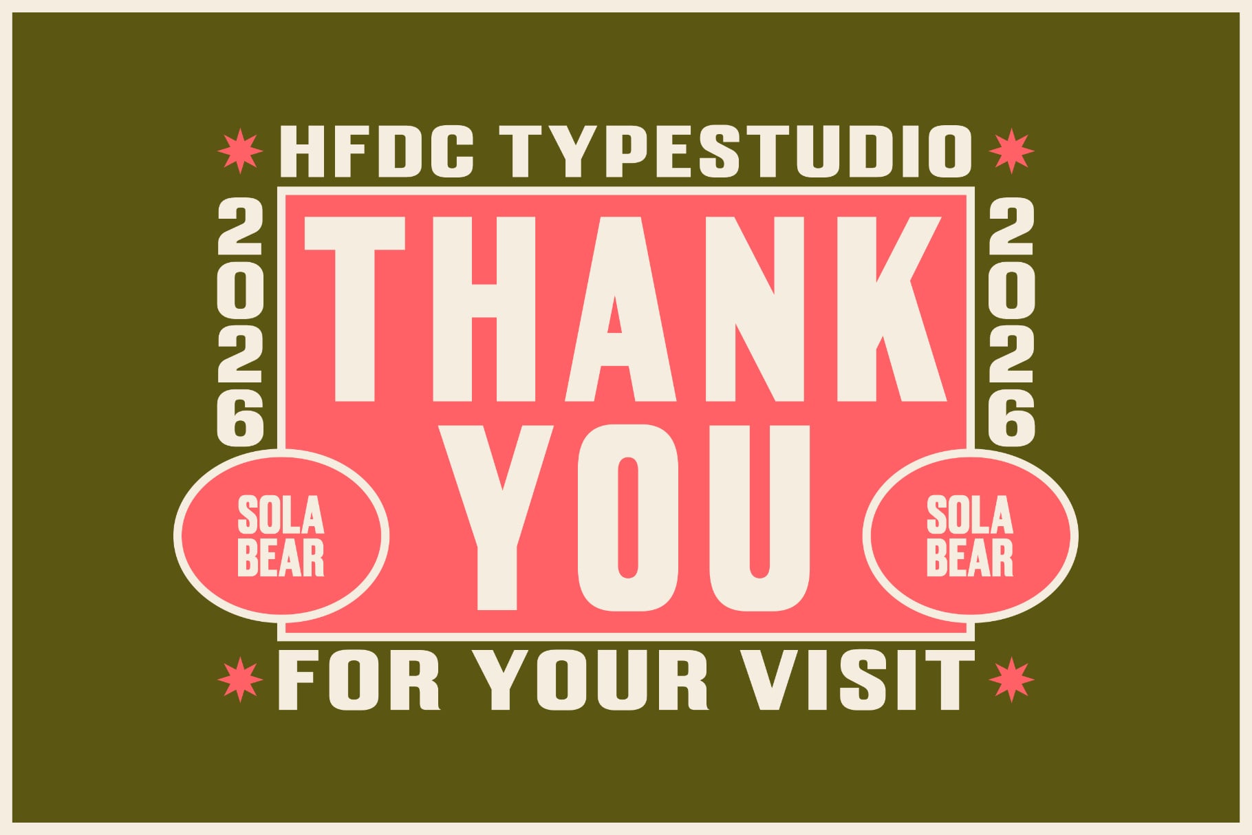 Retro thank you poster with bold cream type on coral background, olive green surround