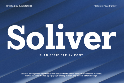 Solver slab serif font family displayed in white on deep blue background with diagonal stripe pattern