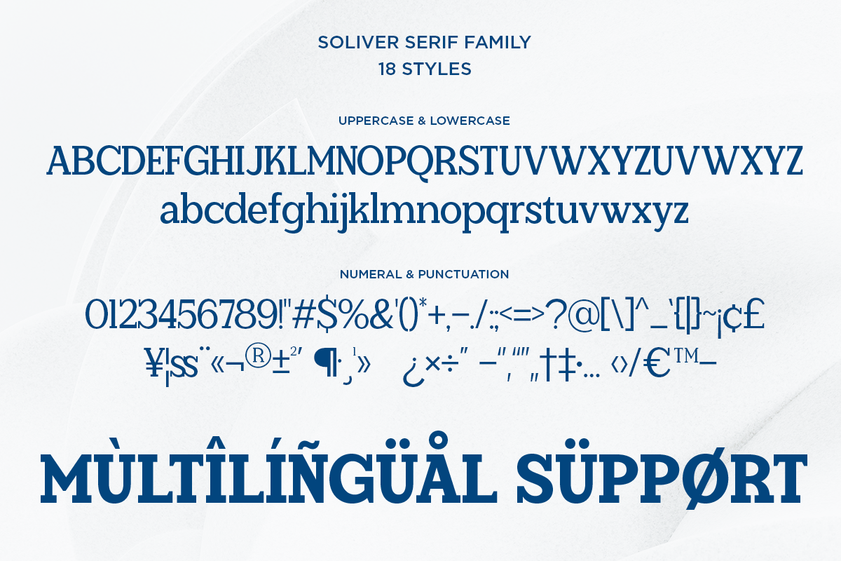 Soliver serif font family showing 18 styles with full character set, numbers, symbols, multilingual support