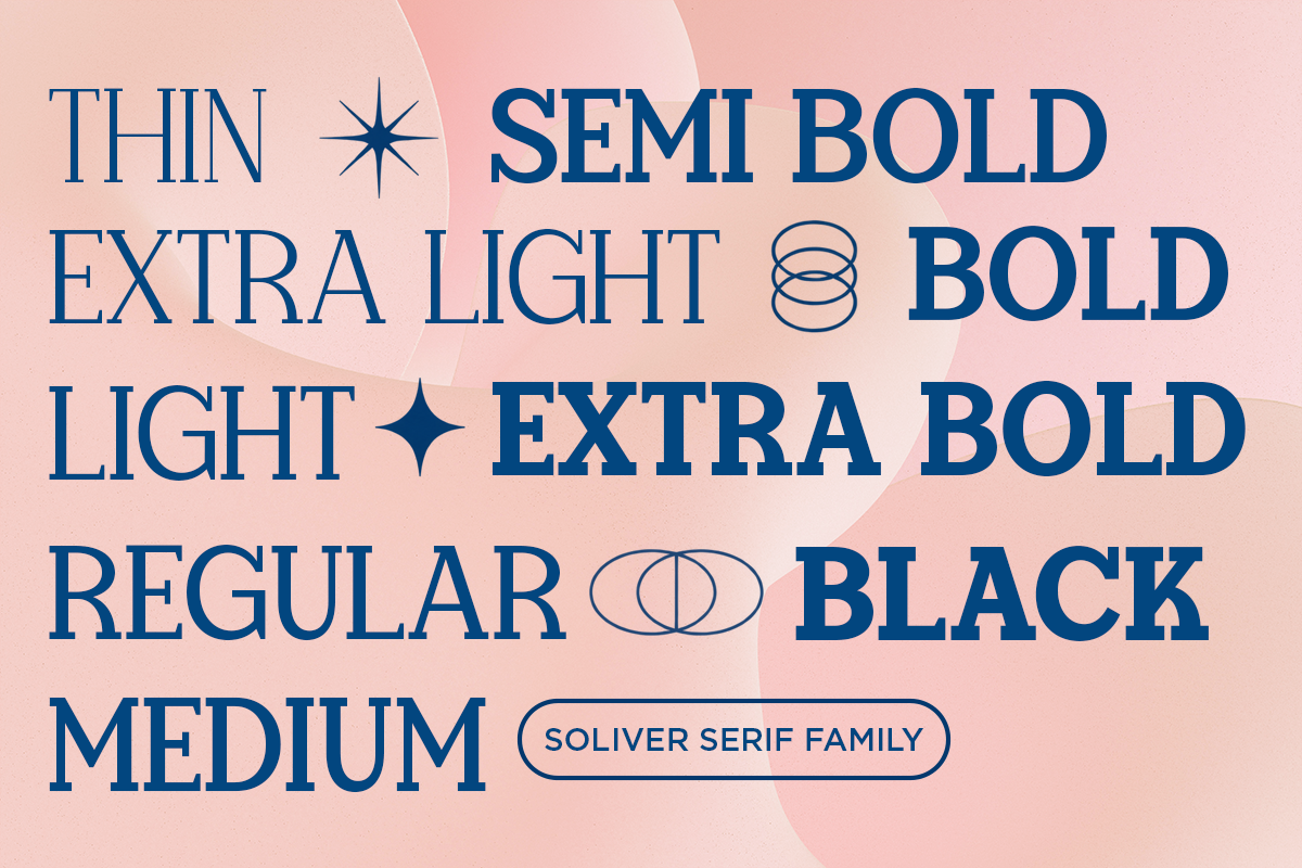 Solver serif font family displaying all weights from thin to black on soft pink background