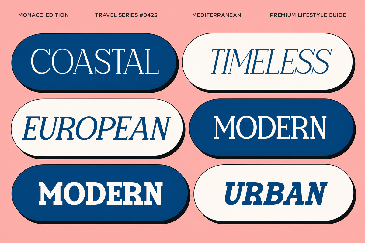 Six style label badges in navy blue, cream, with rounded corners on soft pink background