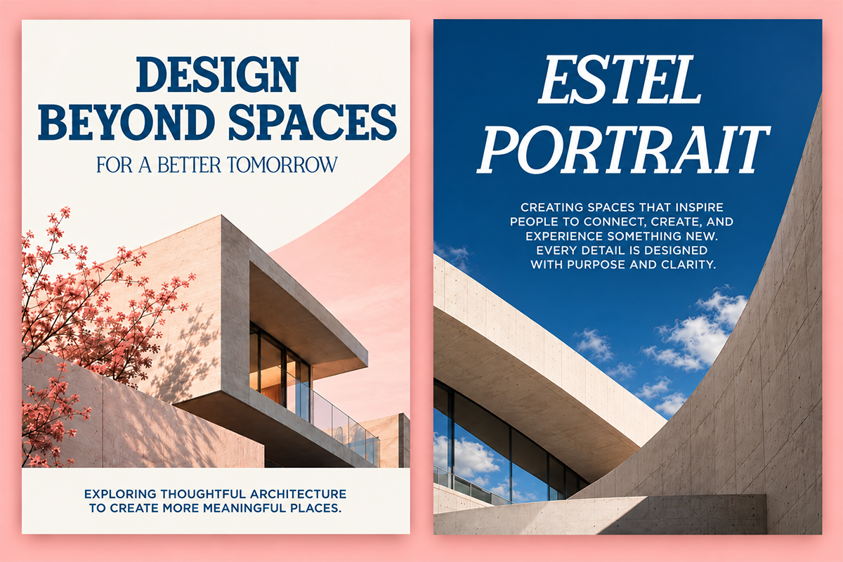 Two modern architecture posters with bold typography on pink background, featuring concrete buildings with sky views