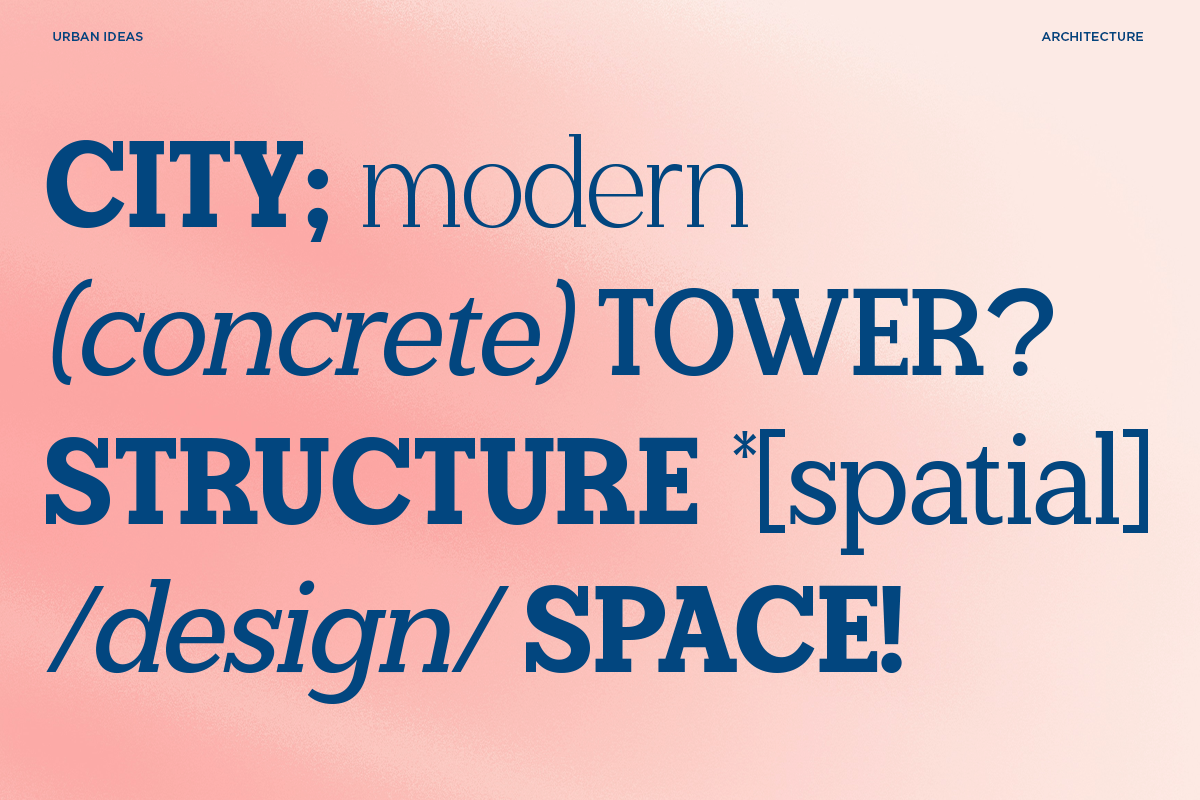 Bold blue typography on soft pink background asking about modern concrete tower design concepts