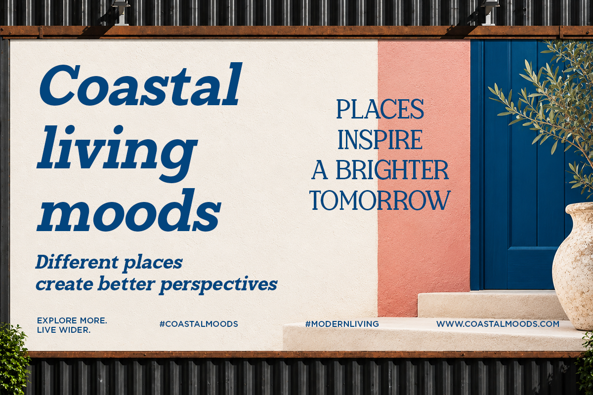 Coastal living moods billboard mockup with blue typography, coral pink panel, blue door, terracotta pot