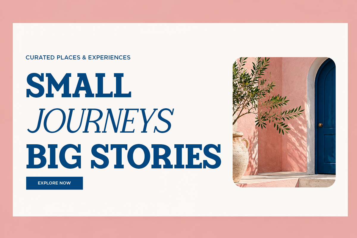 Travel website hero mockup with pink aesthetic, blue door, plant shadows, explore button