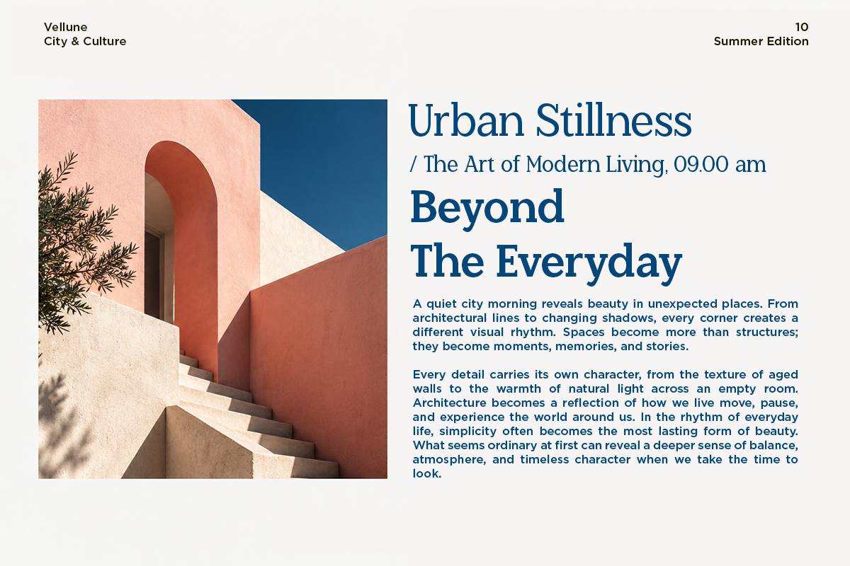 Minimalist magazine spread with terracotta architecture, blue typography, geometric layout for summer lifestyle editorial