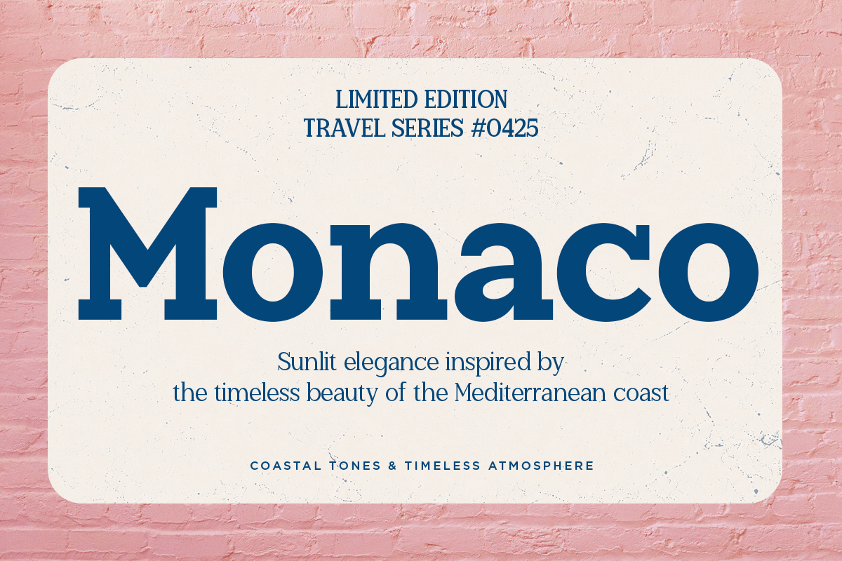 Vintage cream card with bold navy "Monaco" text on pink brick background, coastal travel vibes
