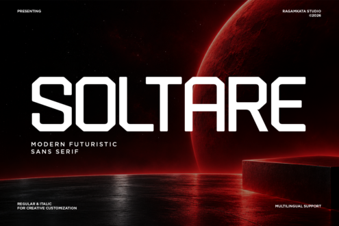 Soltare futuristic sans serif font with glowing red planet in dark space scene