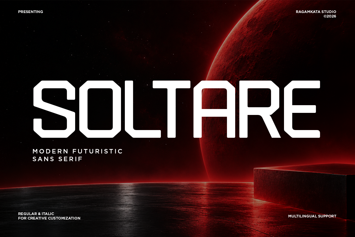 Soltare futuristic sans serif font with glowing red planet in dark space scene