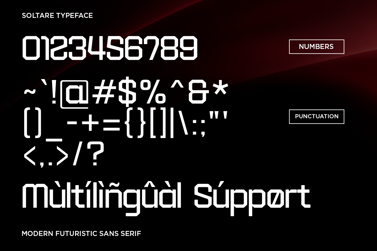 Soltare typeface showing numbers, punctuation, multilingual characters on dark red background