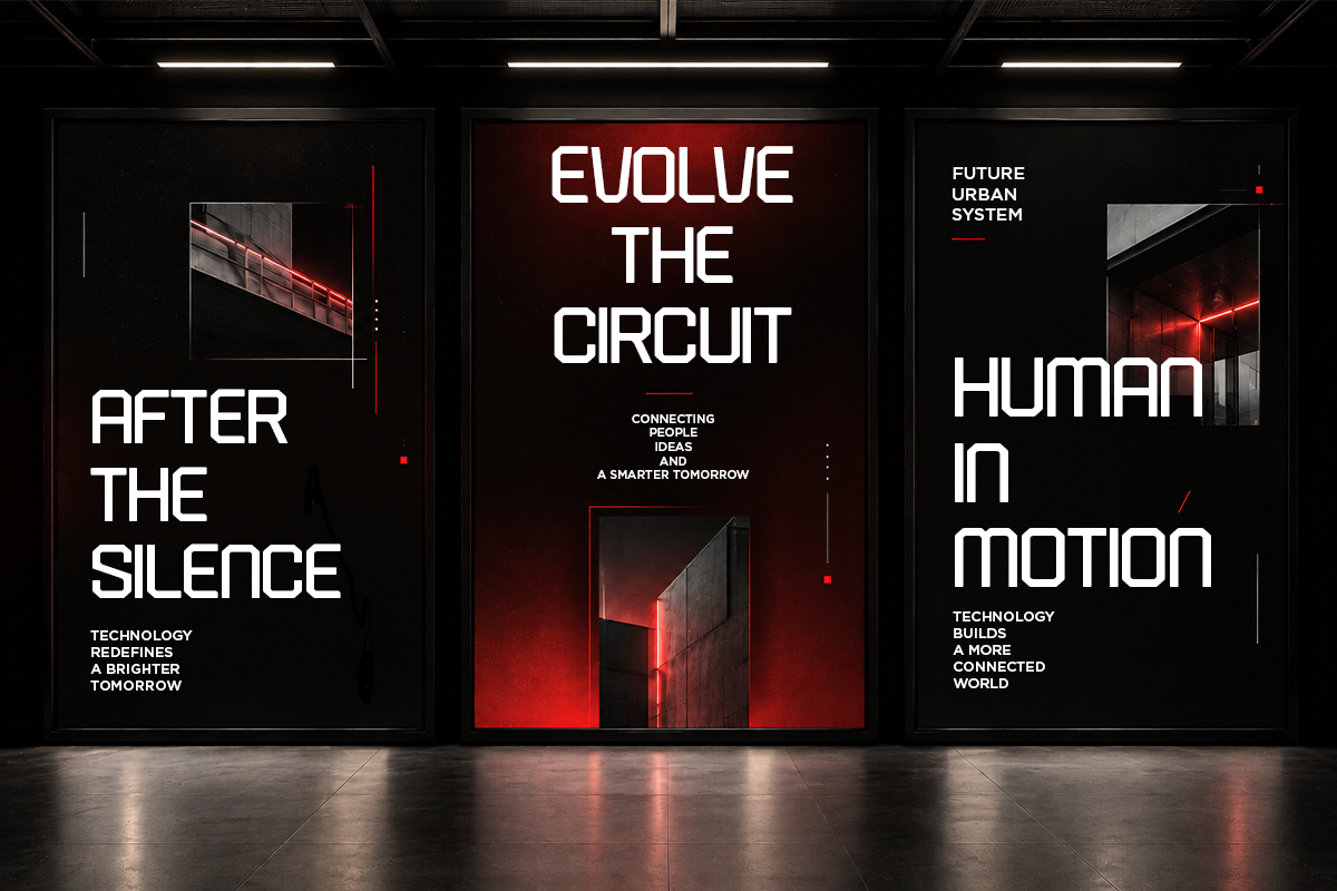 Dark storefront mockup with neon red accents, bold sans-serif typography, concrete architecture