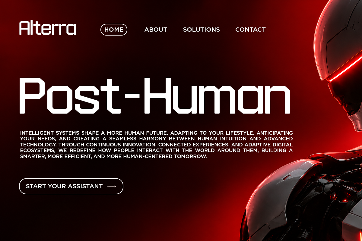 Dark red website hero with futuristic AI theme, glowing neon accents, navigation menu