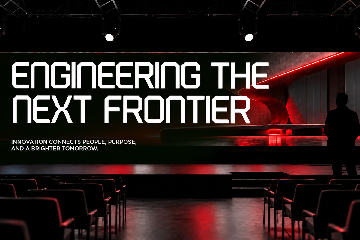 Modern auditorium stage with red neon lights, bold white typography, silhouette figure, industrial vibes