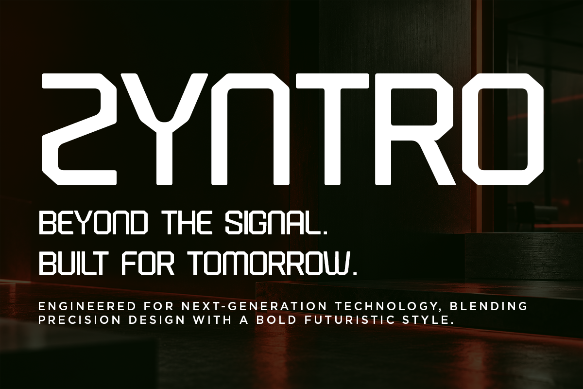 Futuristic sans serif typeface with geometric letterforms on dark tech background
