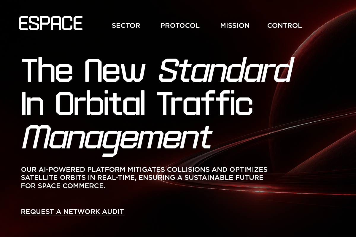 Futuristic space tech website hero with red planet, navigation menu, bold headline typography