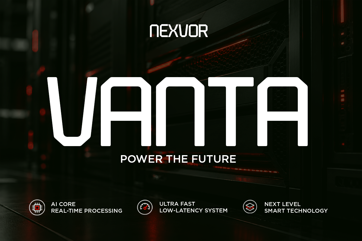 Nexuor tech brand mockup with futuristic white typography, red neon accents, dark background