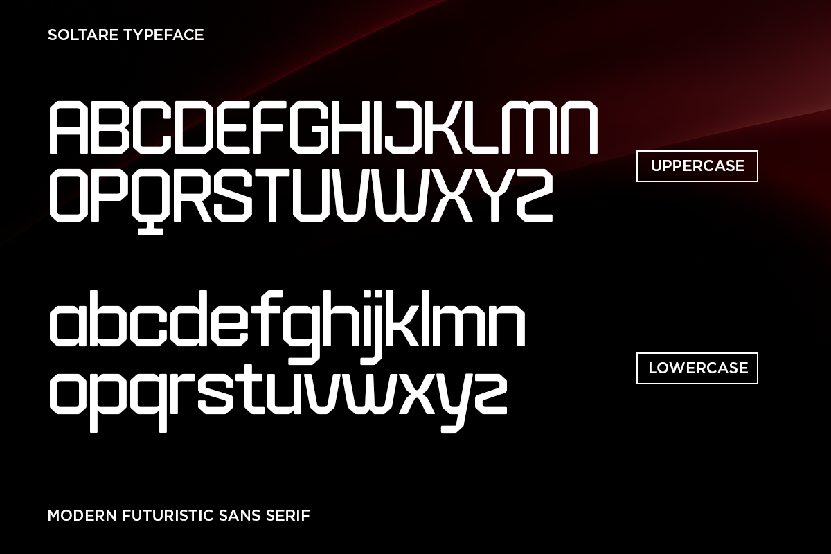 Soltare typeface showing uppercase, lowercase letters with modern futuristic sans serif style