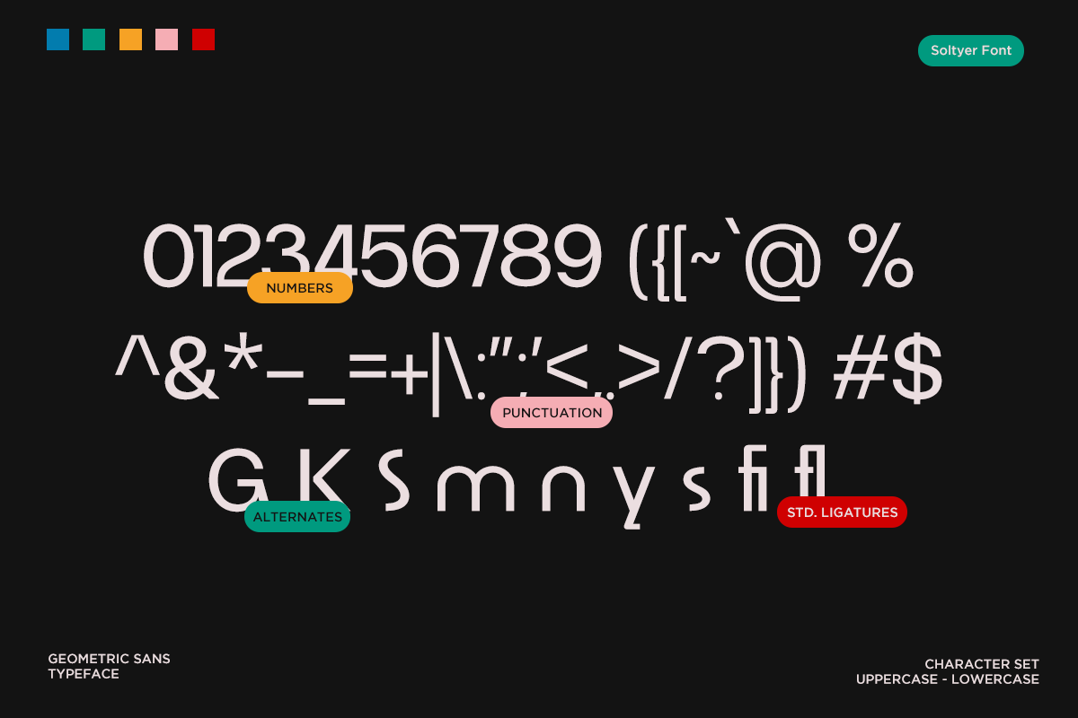 Soltyer geometric sans typeface showing numbers, punctuation, alternates, ligatures on black background